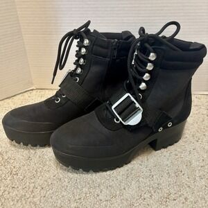 Steve Madden Women's Grady Lug-Sole Booties Black Lace Up Chunky Heels Size 8.5
